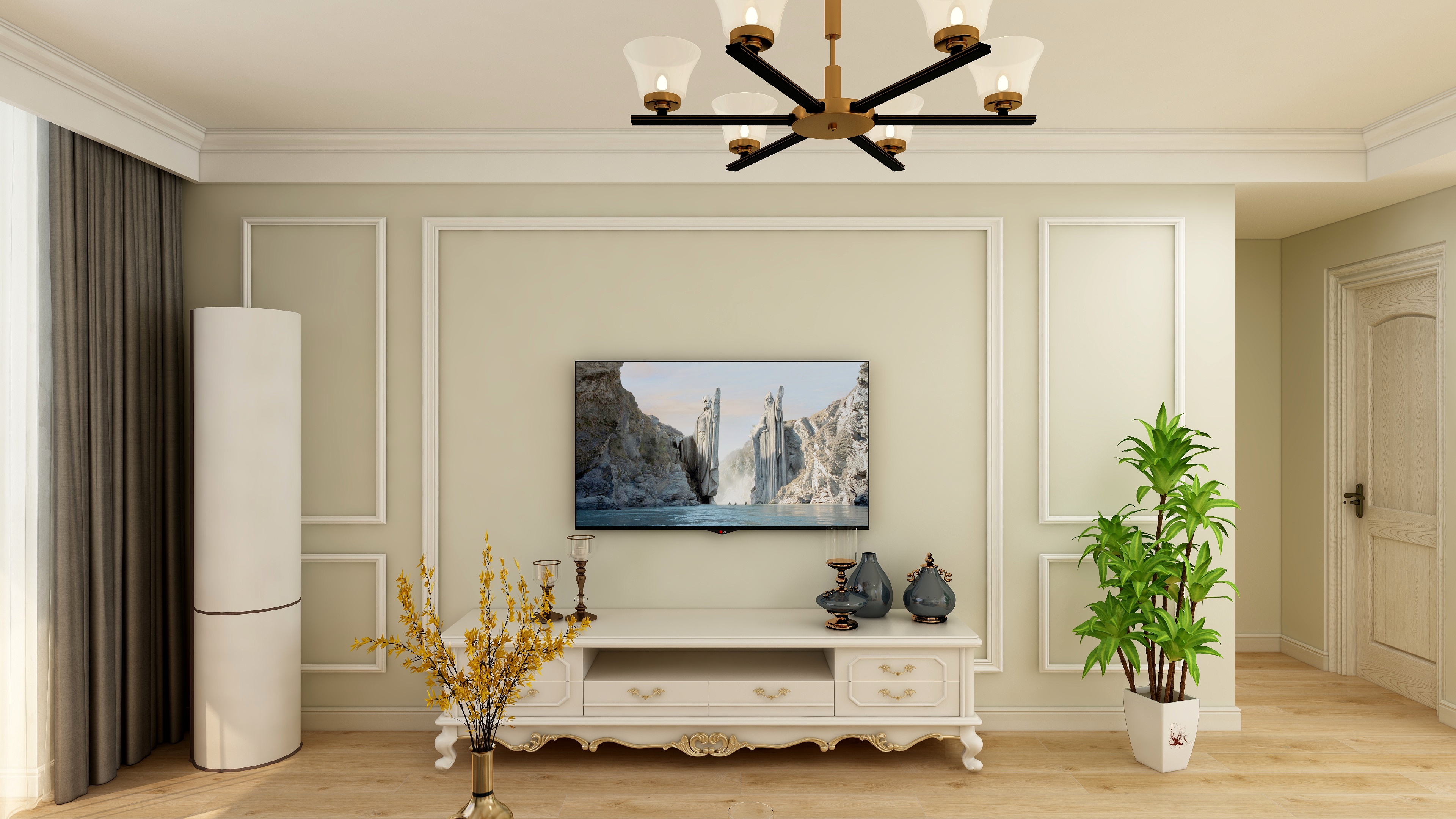 客厅电视墙选择了对称的造型,用石膏线勾勒,简洁